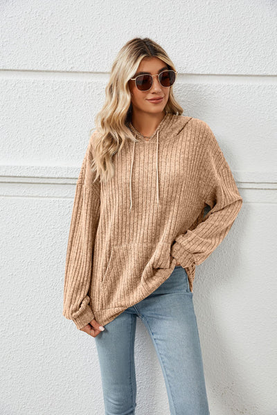 Knitted Sweater With Hooded Pit Stripe Kangaroo Pocket Sweater - Camel - Women Hoodies & Sweatshirts - Carvan Mart