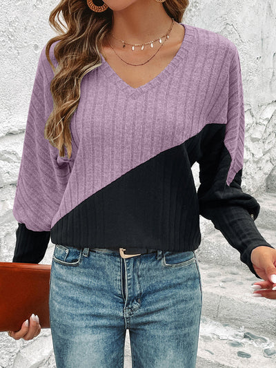 Long Sleeve V-collar Contrast Color Slimming Top - Carvan Mart