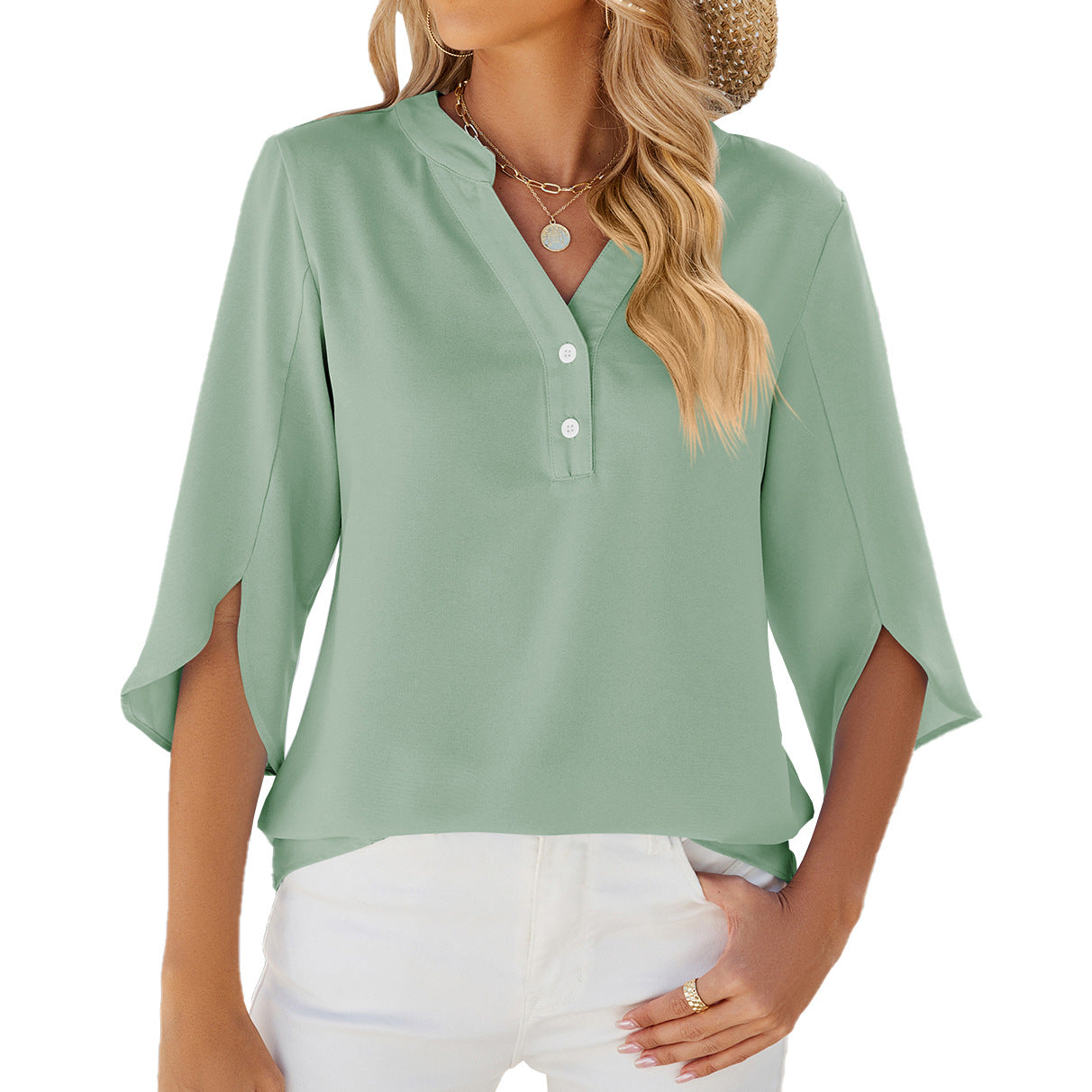 Button V-neck Mid-sleeve Chiffon Shirt Women's Solid Color Top - Green - Tops & Tees - Carvan Mart