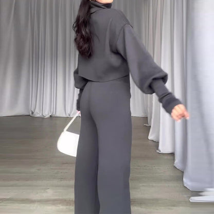 Fashion Suit Turtleneck Long-sleeve Top And High-waisted Trouser