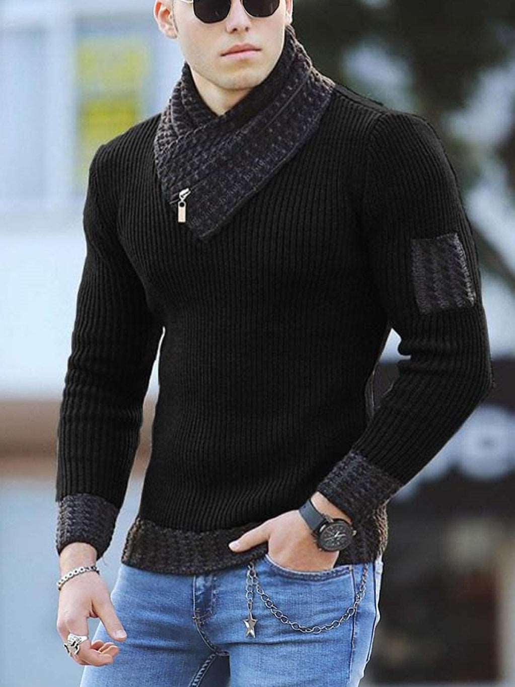 Casual Slim Knit Pullover Long Sleeve Scarf Collar Sweater Men's - Carvan Mart