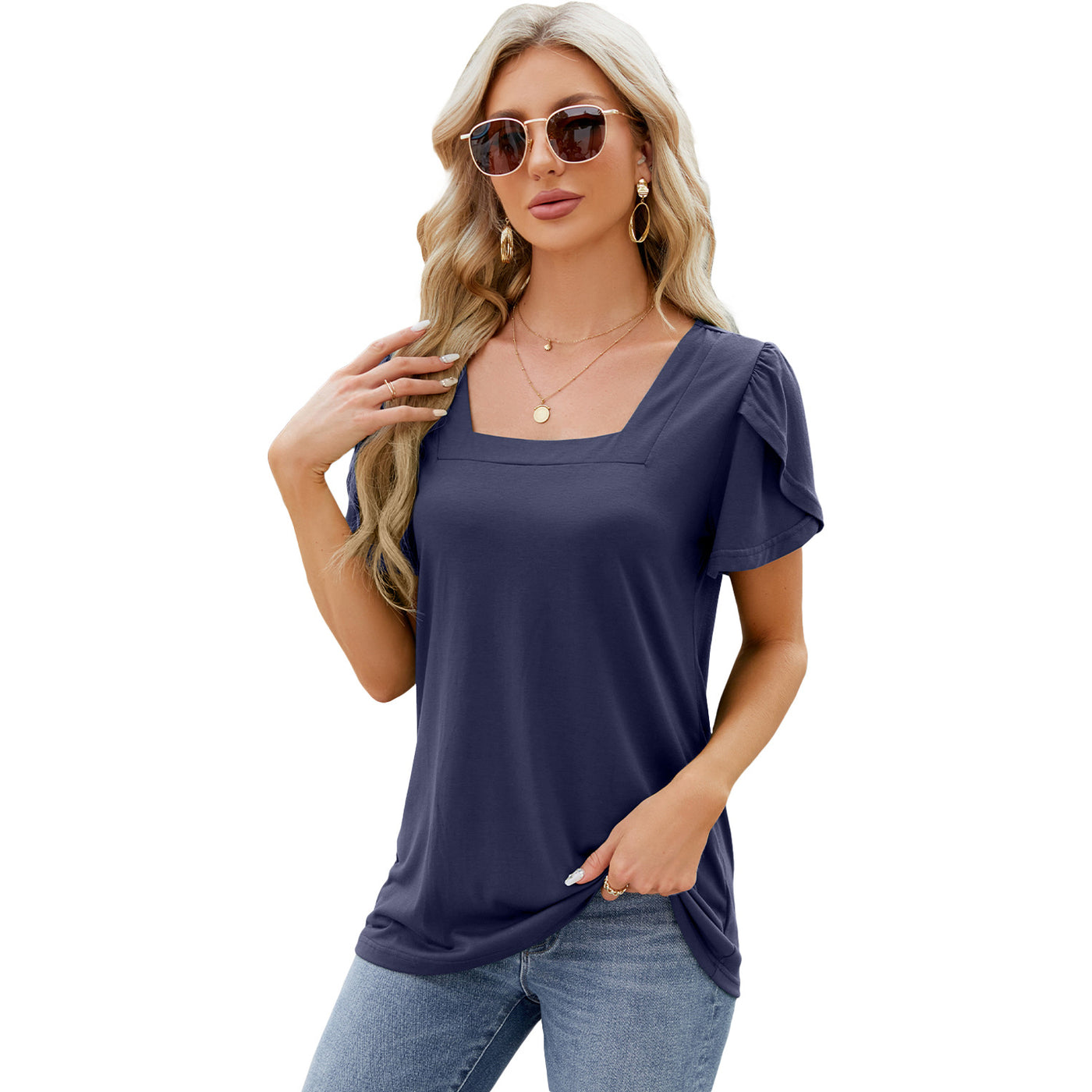 Bohemian Summer Top Square Neck With Petal Sleeve Design Women's T-shirt - Carvan Mart