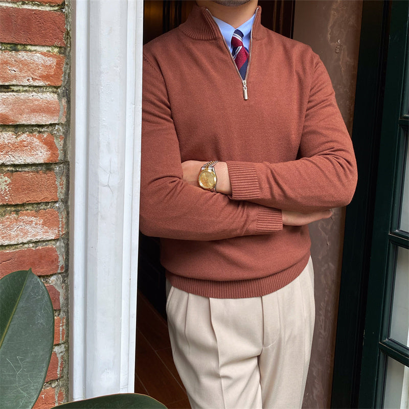Men's Stand-up Collar Zipper Knit Long-sleeved Sweater - Carvan Mart