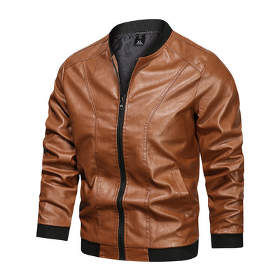 Men Casual Leather Jacket Zipper Leather - Brown - Genuine Leather - Carvan Mart