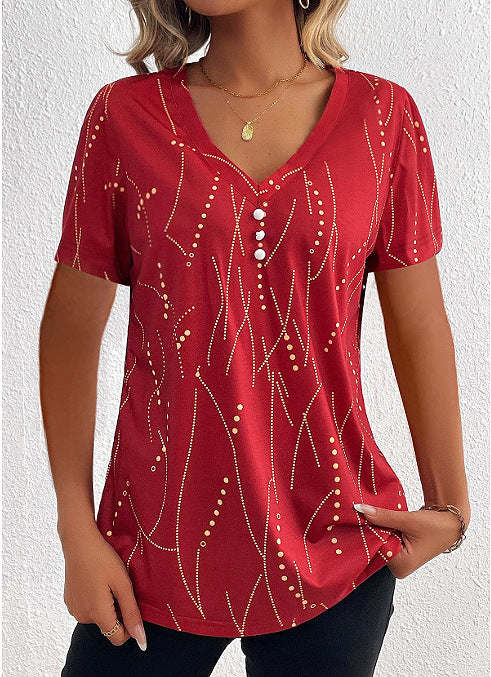 V-neck Button T-shirt Women's Summer Fashion Leisure Short-sleeve Top - Red - Blouses & Shirts - Carvan Mart