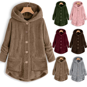 Hooded Plush Women's Cardigan Irregular Fleece Winter Top - Carvan Mart