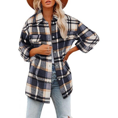 Women's Fashionable Woolen Plaid Shirt Jacket - Grey Blue - Blouses & Shirts - Carvan Mart