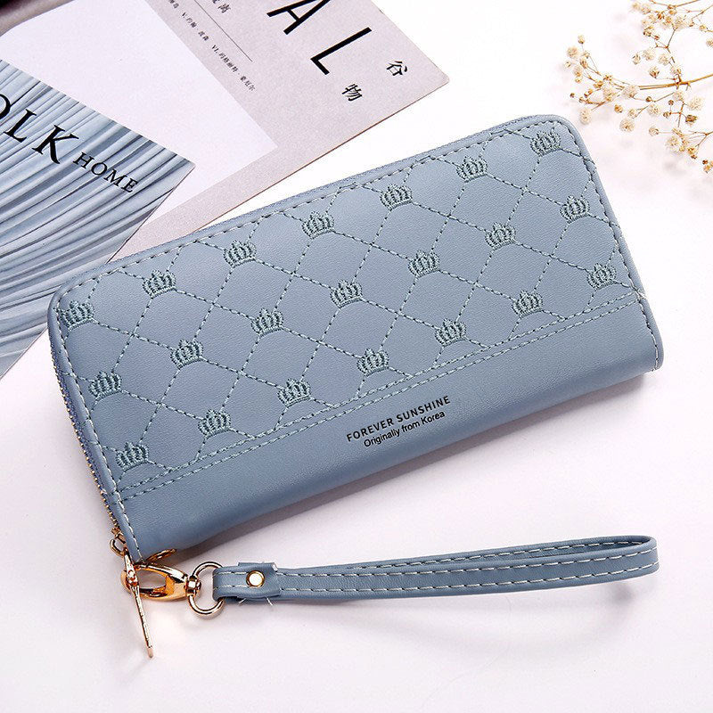 Long Crown Embroidery Thread Single Zip Clutch Wallet Women - Blue - Women's Wallet - Carvan Mart