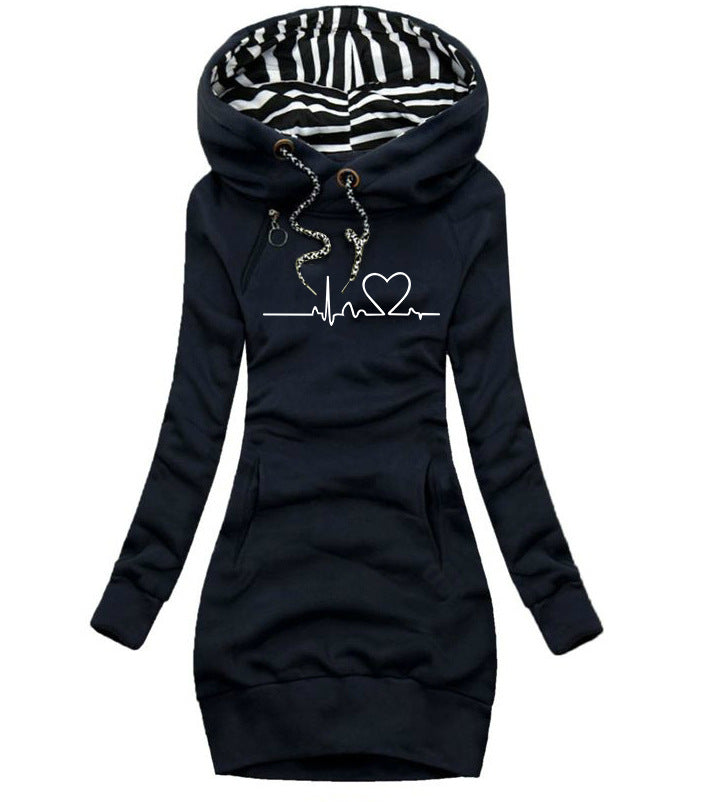 Heart Print Long Hoodie Women - Navy blue - Women Hoodies & Sweatshirts - Carvan Mart