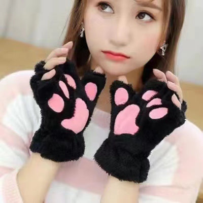 Plush Thickened Warm Plush Gloves Finger Cute Simple White Gloves - Half Finger Embroidered Black - Women Gloves & Mittens - Carvan Mart