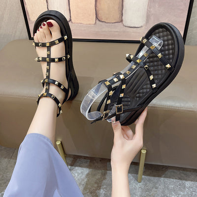 Fairy Style Roman Sandals For Women Round Toe Flats Rivet Platform Sandals For Women - Carvan Mart