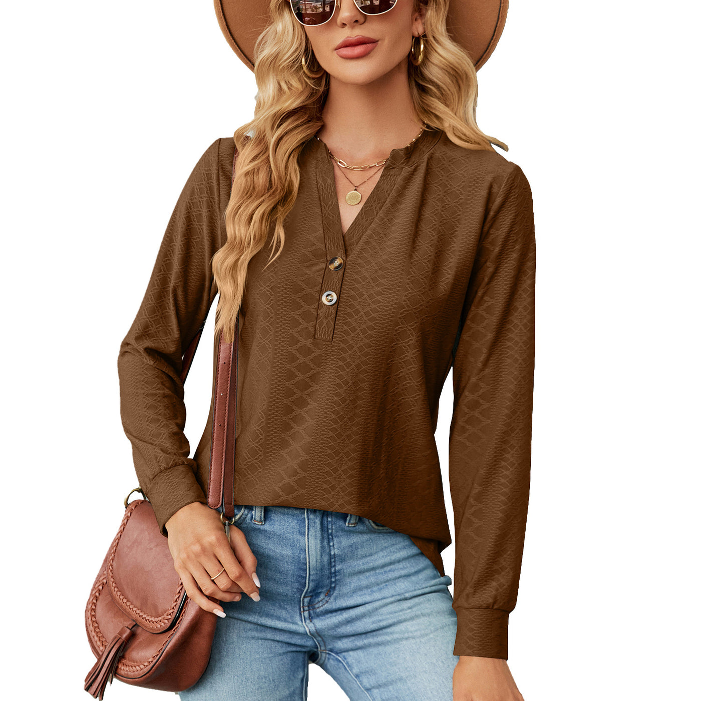 Relaxed-fit V-neck Tees Solid Color Button Jacquard Loose Long Sleeve Top - Brown - Winter Tops - Carvan Mart