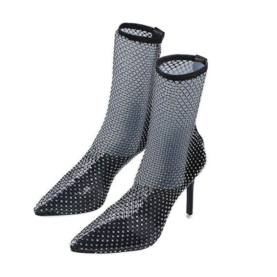 Black Platform High Heels Stiletto Pointed Toe Hollow Mesh Fishnet Shoes - Carvan Mart