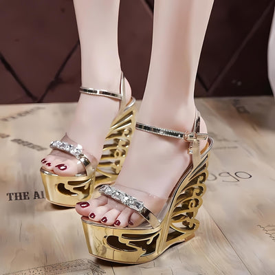 Carvan Classic Platform High Heels Buckle Strap Party Wedding Shoes - Gold C - High Heels - Carvan Mart