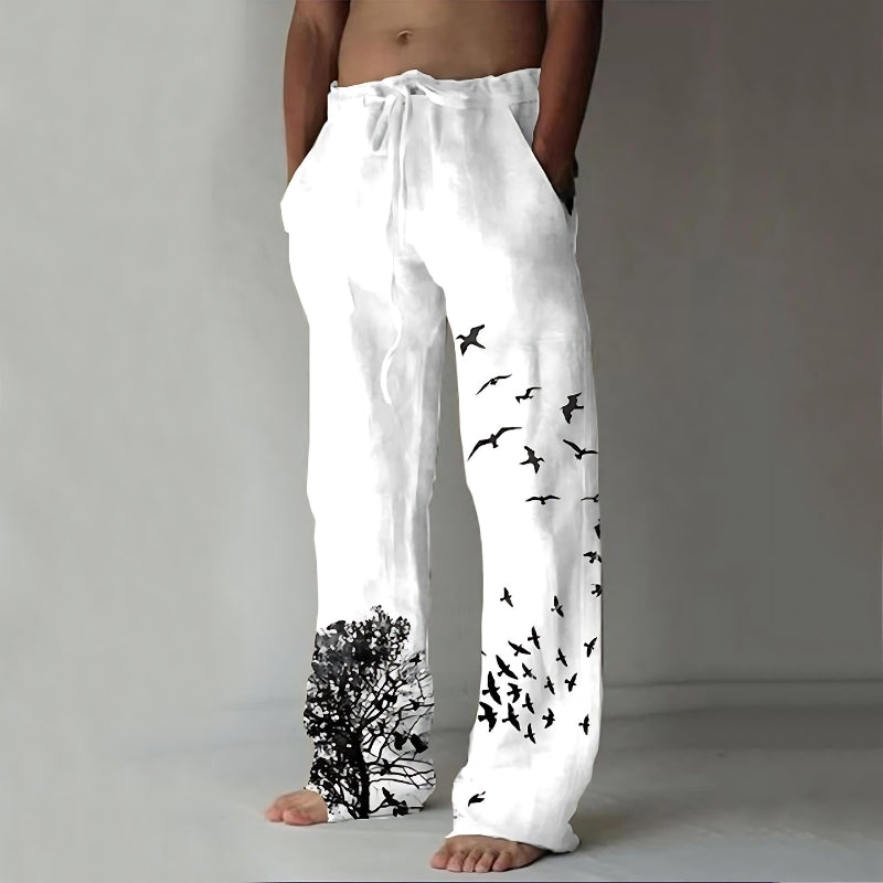 Men's Casual White Linen Pants with Bird Print – Lightweight, Breathable, Relaxed Fit - White - Men's Pants - Carvan Mart