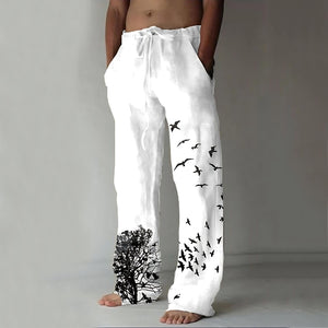 Men's Casual White Linen Pants with Bird Print – Lightweight, Breathable, Relaxed Fit - Carvan Mart