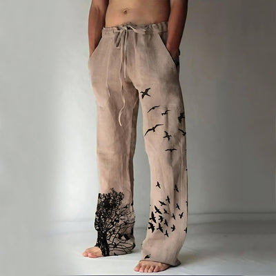 Men's Casual White Linen Pants with Bird Print – Lightweight, Breathable, Relaxed Fit - Carvan Mart