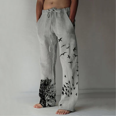 Men's Casual White Linen Pants with Bird Print – Lightweight, Breathable, Relaxed Fit - Gray - Men's Pants - Carvan Mart