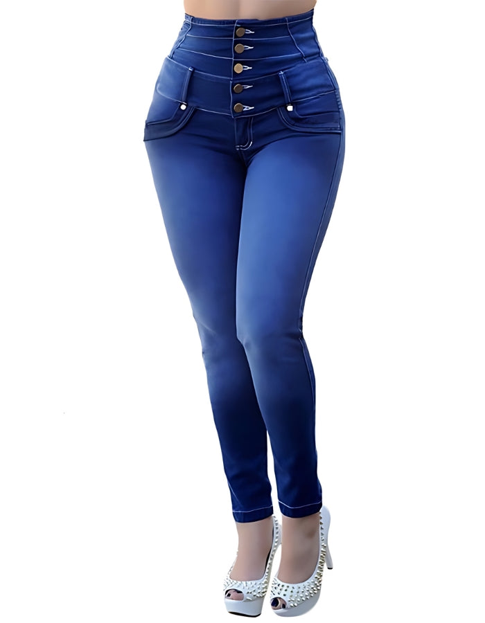 High Waist Stretch Slim Fit Women's Jeans - Harem Style Fleece-Lined Denim - Navy Blue - Women's Jeans - Carvan Mart