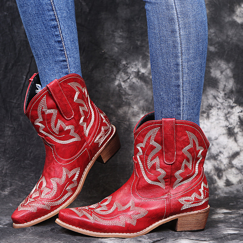 Carvan Women's Classic Cowboy Boots Croc Embroidery Wedge Heel Western Boots - Carvan Mart