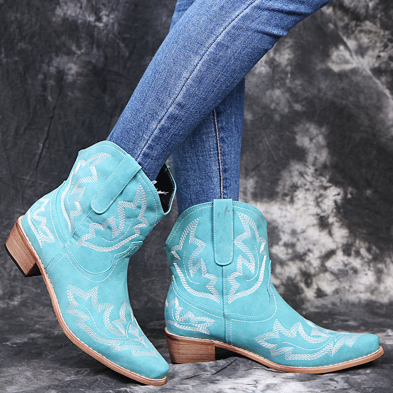 Carvan Women's Classic Cowboy Boots Embroidery Wedge Heel Western Boots - Blue - Women's Shoes - Carvan Mart