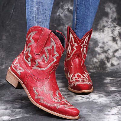 Carvan Women's Classic Cowboy Boots Croc Embroidery Wedge Heel Western Boots - Carvan Mart