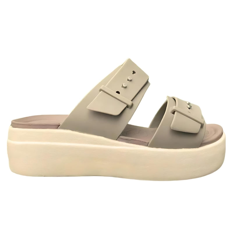 Crocs Women's Brooklyn Buckle Low Wedge Sandals - Khaki - Women's Sandals - Carvan Mart