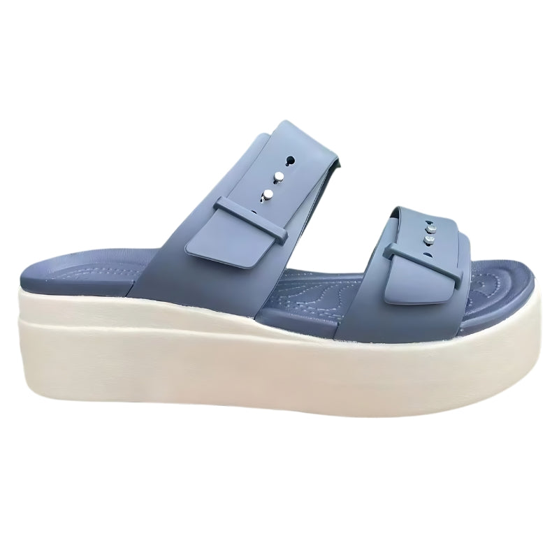 Crocs Women's Brooklyn Buckle Low Wedge Sandals - Dark Blue - Women's Sandals - Carvan Mart