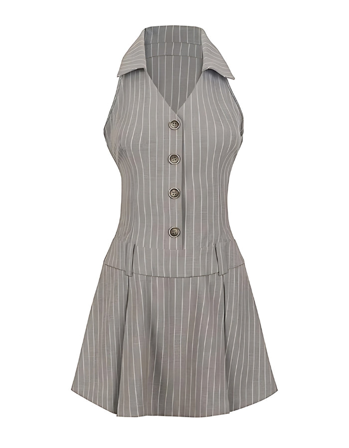 Trendy Pinstripe Sleeveless OFFICE SIREN OUTFITS - Women's Button-Down Mini Dress - Carvan Mart