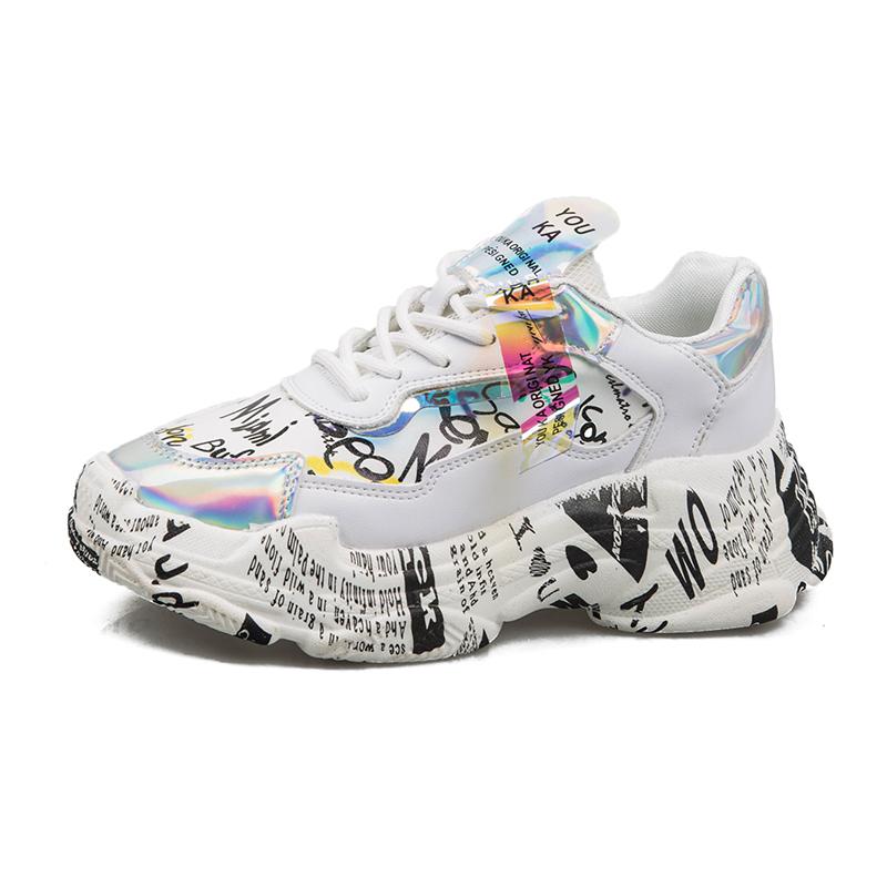 Women's Fashion Graffiti Sneakers - Trendy Lightweight High-Top Street Style Shoes - Silver - Women's Shoes - Carvan Mart