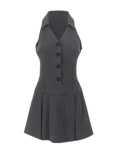 Trendy Pinstripe Sleeveless OFFICE SIREN OUTFITS - Women's Button-Down Mini Dress - Carvan Mart