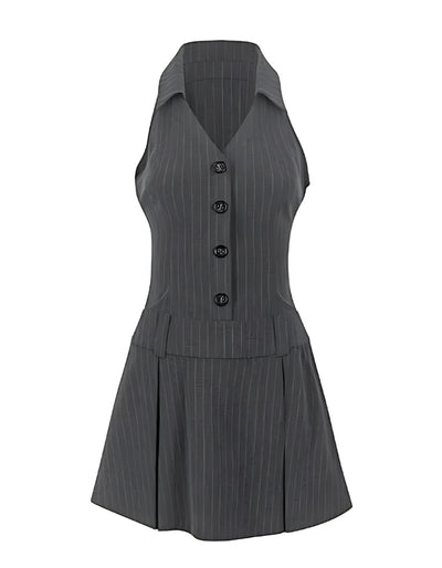 Trendy Pinstripe Sleeveless OFFICE SIREN OUTFITS - Women's Button-Down Mini Dress - Dark Gray - Dresses - Carvan Mart