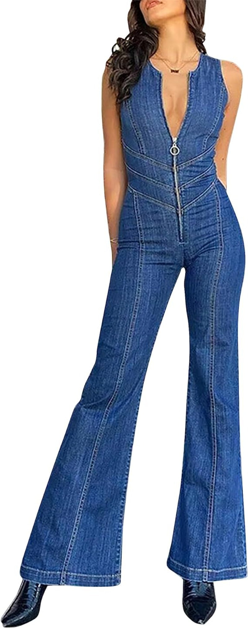 Denim Jumper Slim Fit Hollywood Heartthrob Street Retro Style High Waist Jumpsuit - Carvan Mart