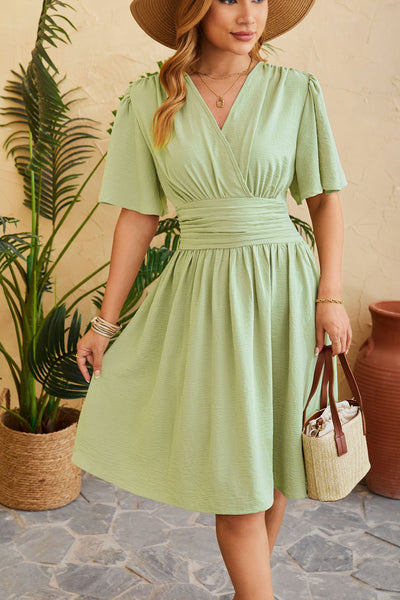 Dress With Wrap V-neck Short & Bell-sleeve Women's A Dress - Carvan Mart