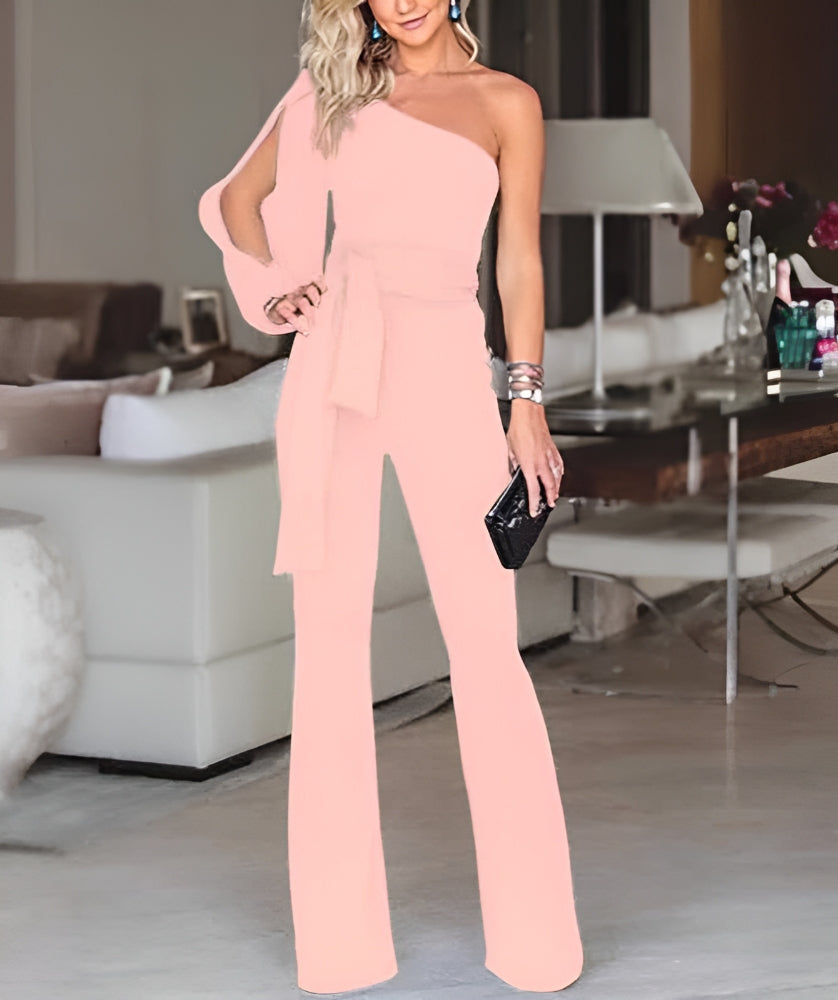 Ladies High Waist Slim Ruched Sleeve Formal Jumpsuit - Pink - Jumpsuits & Rompers - Carvan Mart