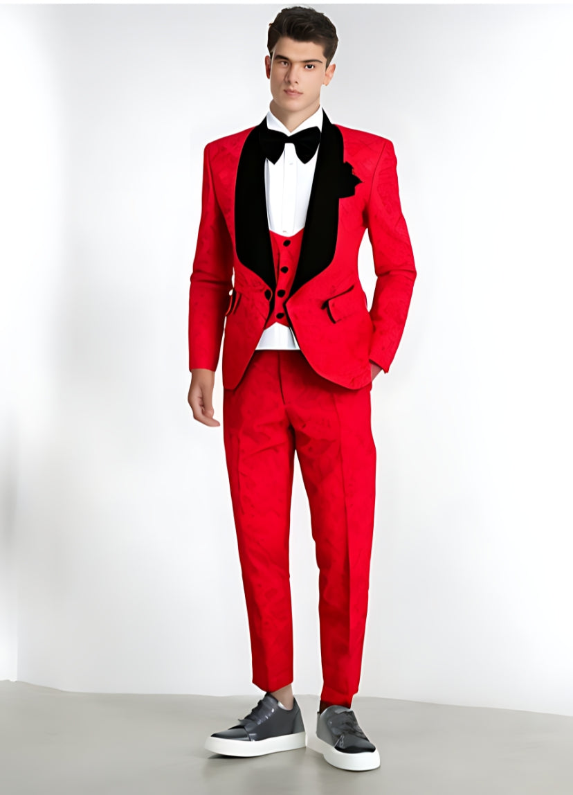 Men's Red Suit Business Wedding Three Piece Suit - Red - Men Suits & Sets - Carvan Mart