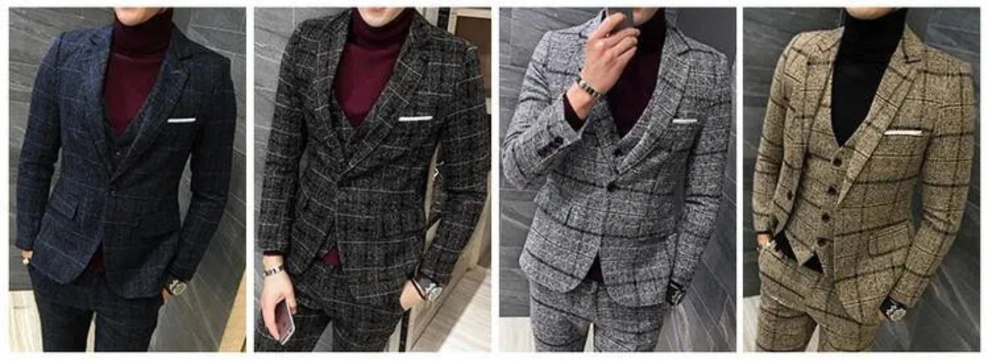 Men's Three Piece Suit Thick Slim Fit Plaid Wedding Suits - Carvan Mart