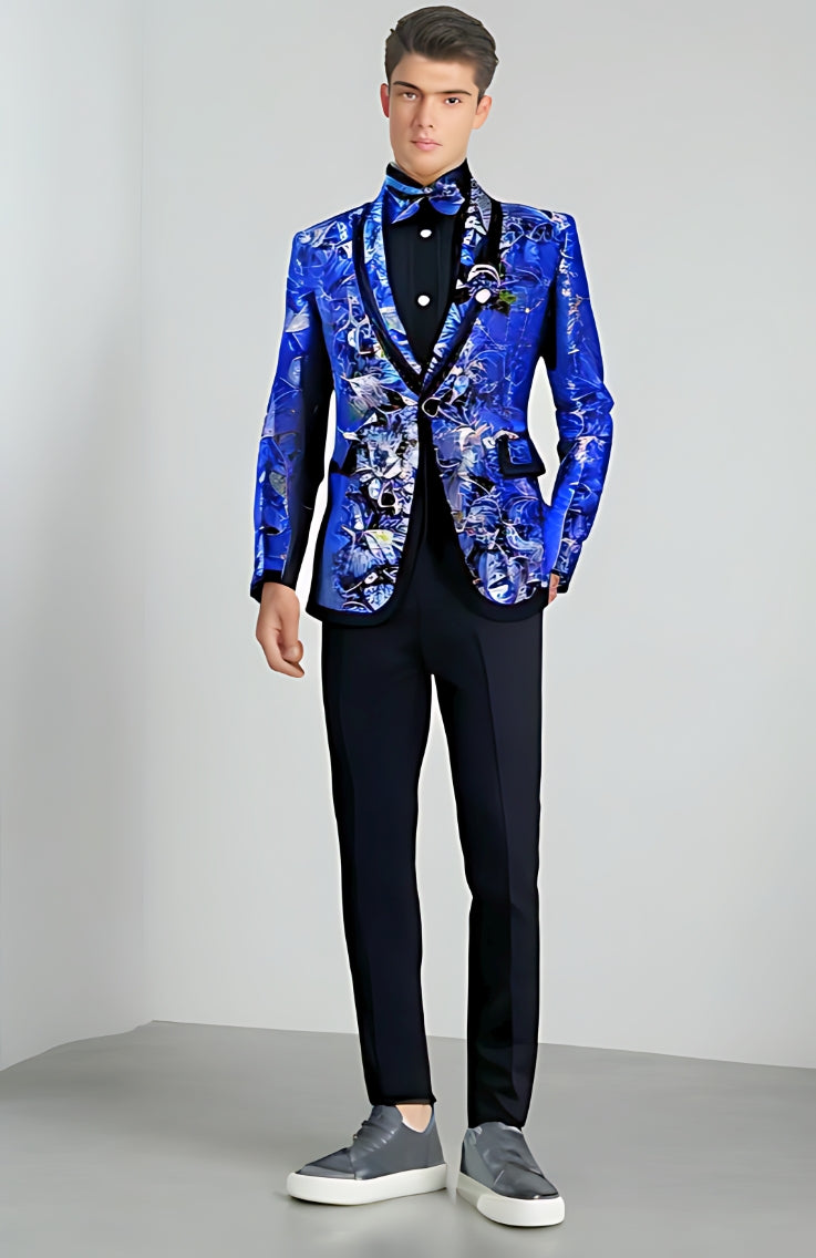 Men's Two Piece Blue Suit Floral Wedding Singer Prom Suit - Blue - Men Suits & Sets - Carvan Mart