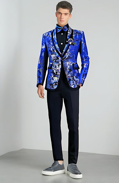 Men's Two Piece Blue Suit Floral Wedding Singer Prom Suit - Carvan Mart