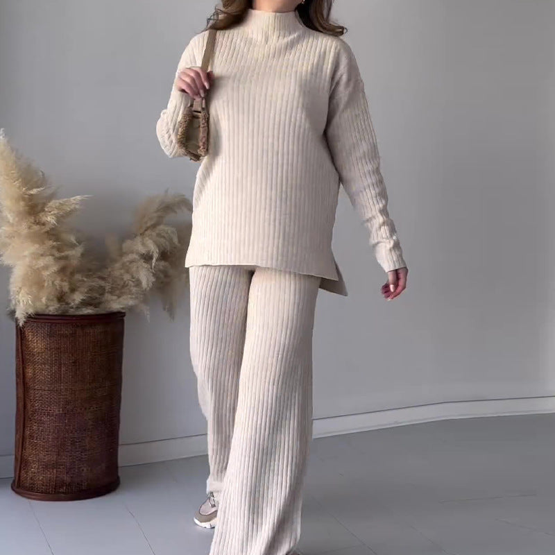 Crew Neck Casual Knitwear Wide Leg Pant Two-piece Suit Set - White - Suits & Sets - Carvan Mart