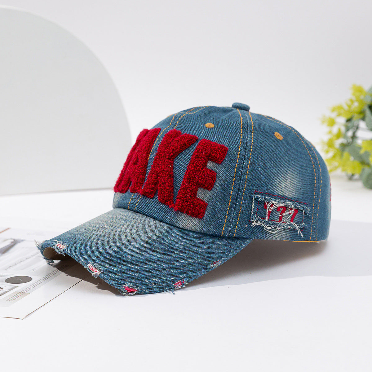 Fashionable Versatile Three-dimensional Embroidered Ripped Letter-printing Denim Baseball Cap - Red TAKE M Size 56 To 58cm - Men's Hats & Caps - Carvan Mart