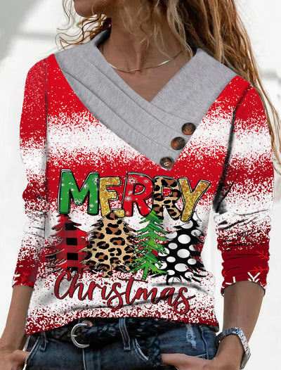 Women's Scarf Collar T-shirt With Long Sleeves Button Top - Christmas Printing - Winter Tops - Carvan Mart