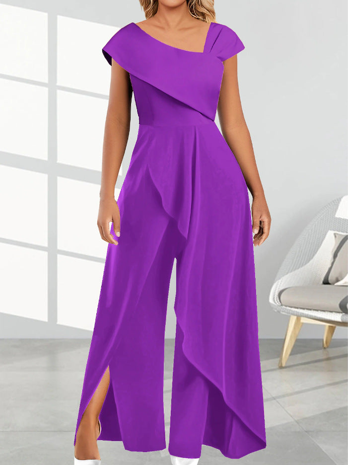 Jumpsuit Women's Simple Temperament Diagonal Collar Sleeveless Jumpsuit - Purple - Jumpsuits & Rompers - Carvan Mart