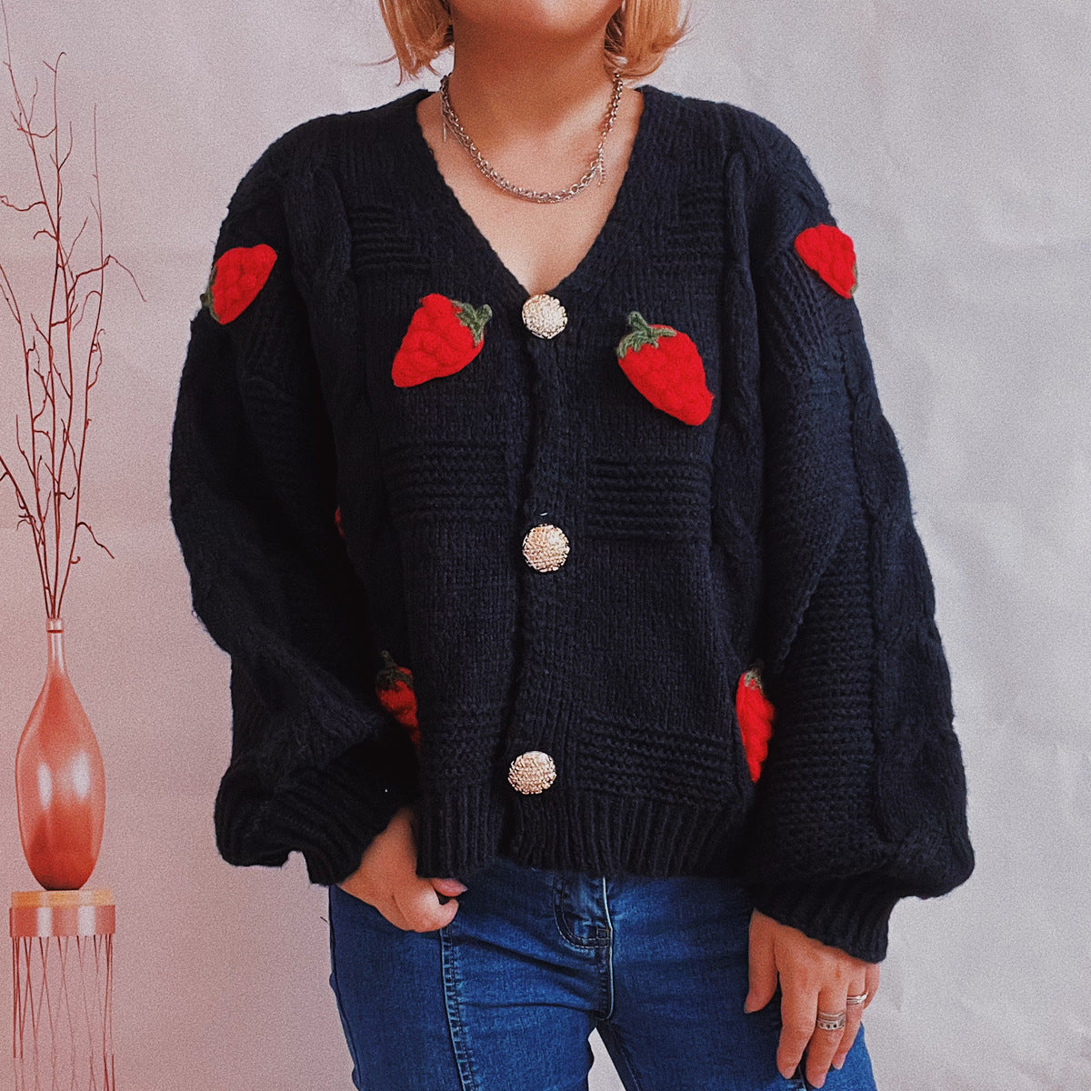 Women's Fashion Casual Loose Strawberry Embroidery Single-breasted Sweater - Carvan Mart