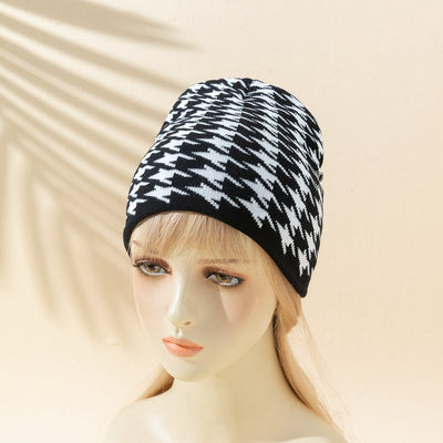 Women's Wild Casual Retro Leopard Zebra Print Cow Houndstooth Knitted Hat - Black And White Houndstooth M - Women's Hats & Caps - Carvan Mart