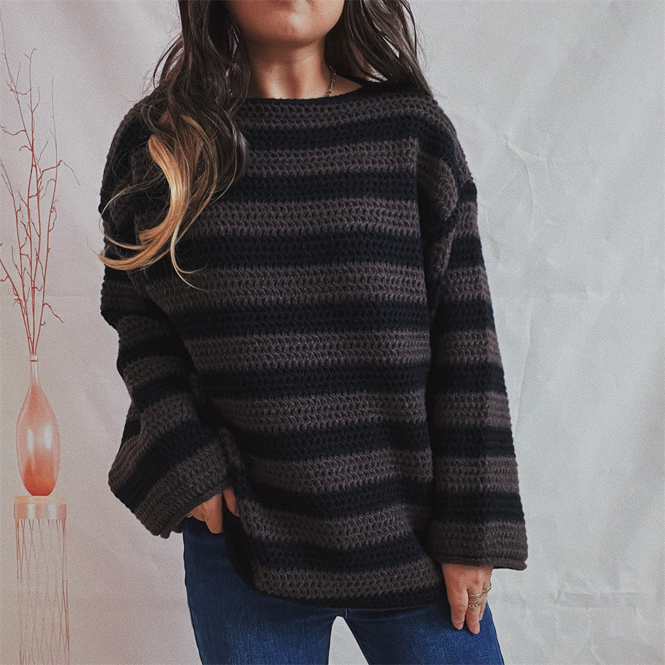 Women's Loose Off Shoulder Striped Long-sleeved Sweater - Black Brown - Sweaters - Carvan Mart