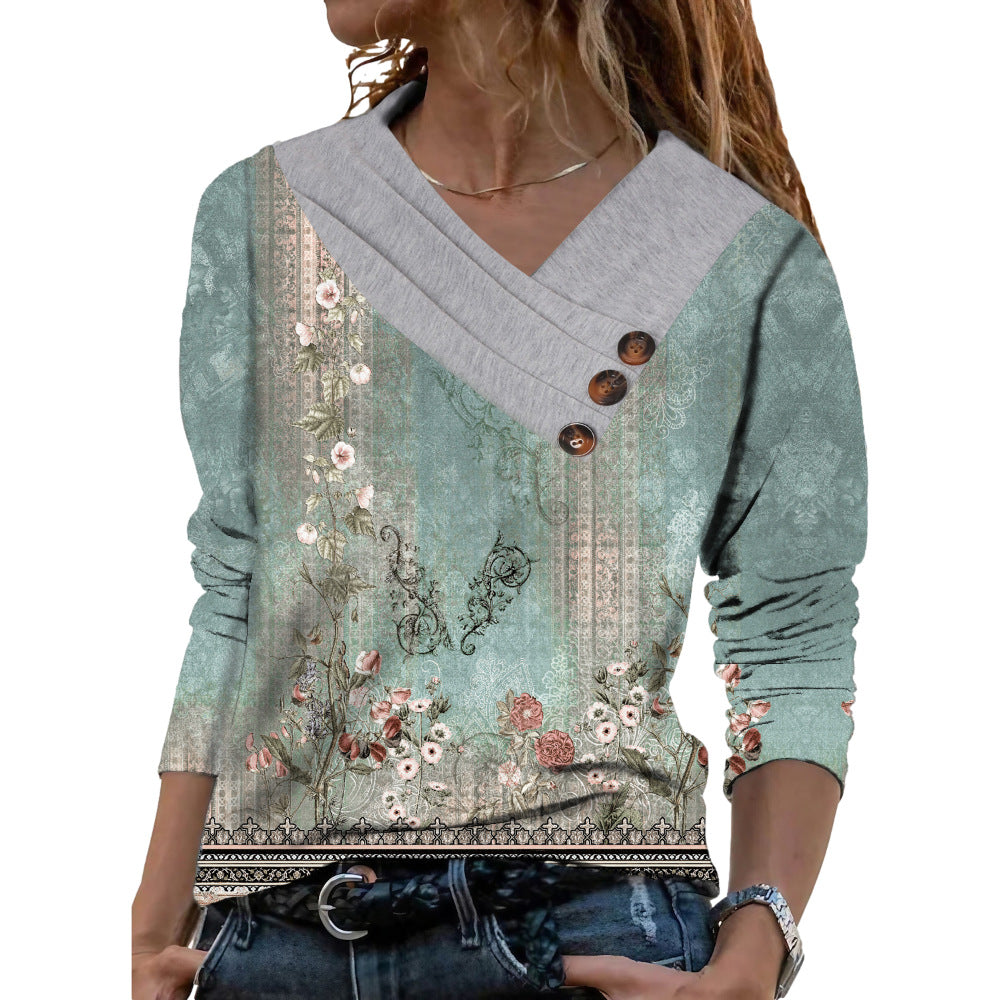 Women's Scarf Collar T-shirt With Long Sleeves Button Top - Carvan Mart