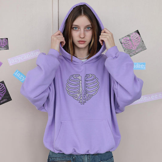 Women's Trendy Skeleton Rhinestone Loose Hooded Sweater
