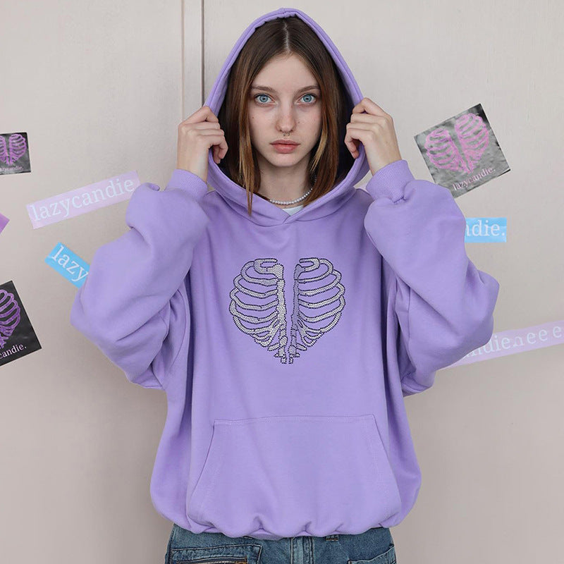 Women's Trendy Skeleton Rhinestone Loose Hooded Sweater - Purple - Women Hoodies & Sweatshirts - Carvan Mart