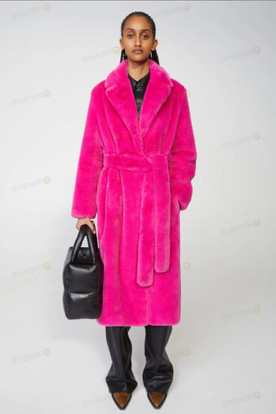 Long Rabbit Mink Fur Coat Jacket Women's Plush Turndown Collar Coat - Rose Red - Women's Coats & Jackets - Carvan Mart